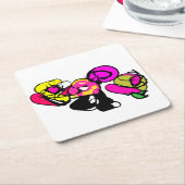 Roze flamingo bloemen en vreugde kartonnen onderzetters (Schuin)