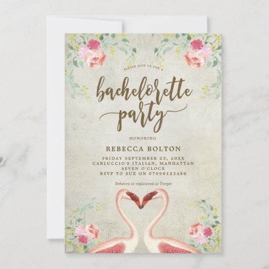 Roze flamingo bloemenvrijgezellenfeest uitnodiging (Voorkant)