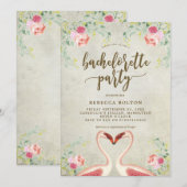 Roze flamingo bloemenvrijgezellenfeest uitnodiging (Voorkant / Achterkant)