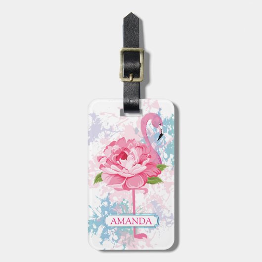 Roze flamingo Bloemontwerp Gepersonaliseerd Bagagelabel (Voorkant verticaal)