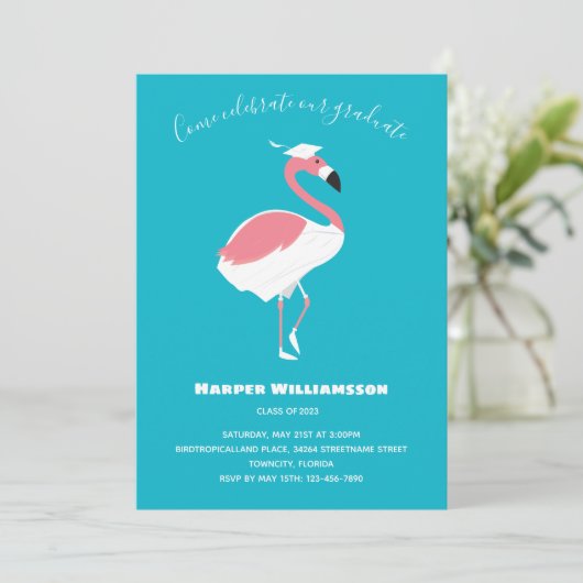 Roze Flamingo Blue Animal Afstuderen Kaart (Staand voorkant)