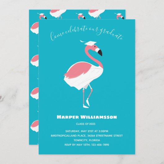 Roze Flamingo Blue Animal Afstuderen Kaart (Voorkant / Achterkant)