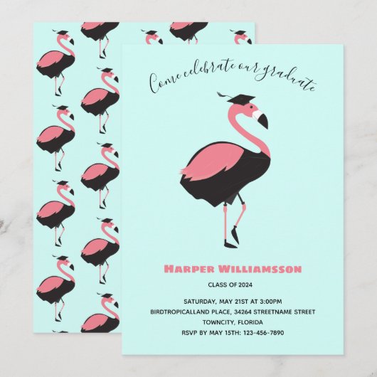 Roze Flamingo Blue Animal Afstuderen Kaart (Voorkant / Achterkant)