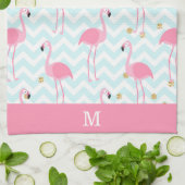 Roze Flamingo Blue Chevron Stripe Monogram Theedoek (Gevouwen)