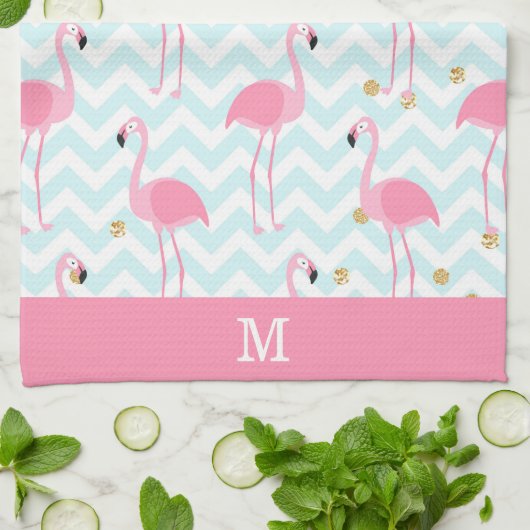 Roze Flamingo Blue Chevron Stripe Monogram Theedoek (Gevouwen)