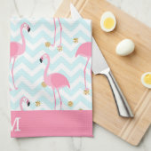 Roze Flamingo Blue Chevron Stripe Monogram Theedoek (Quarter Fold)