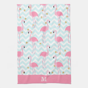Roze Flamingo Blue Chevron Stripe Monogram Theedoek