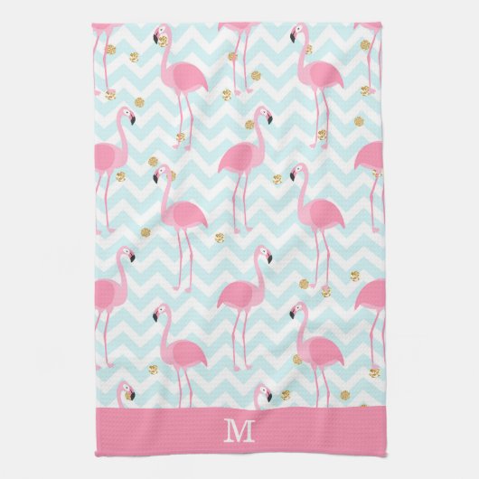 Roze Flamingo Blue Chevron Stripe Monogram Theedoek (Verticaal)