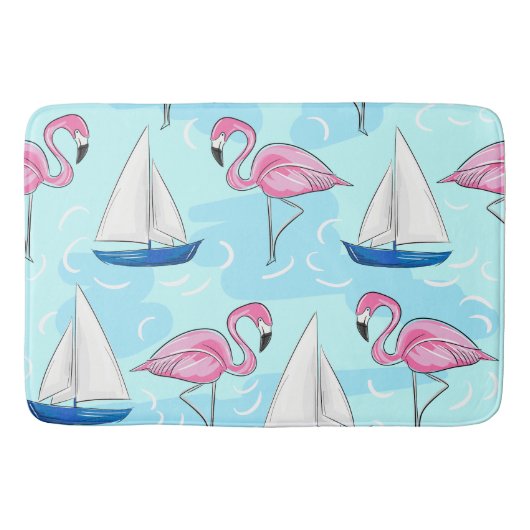 Roze Flamingo Blue Sailboat Preppy Badmat (Voorkant)
