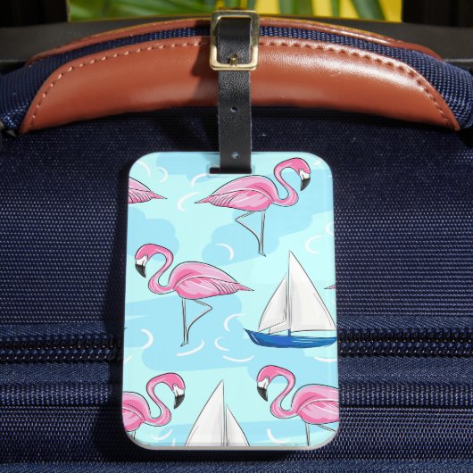 Roze Flamingo Blue Sailboat Preppy Bagagelabel (Voorkant Insitu 2)