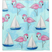 Roze Flamingo Blue Sailboat Preppy Douchegordijn (Voorkant)