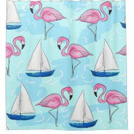 Roze Flamingo Blue Sailboat Preppy Douchegordijn