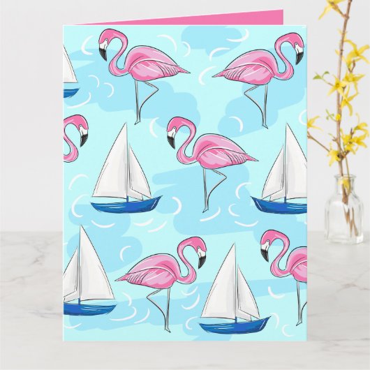 Roze Flamingo Blue Sailboat Preppy Kaart (Gele Bloem)