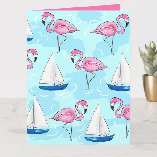 Roze Flamingo Blue Sailboat Preppy Kaart (Kleine Plant)