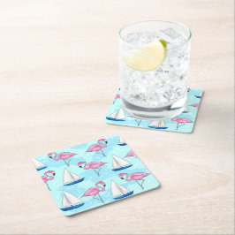 Roze Flamingo Blue Sailboat Preppy Kartonnen Onderzetters