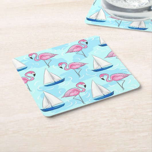 Roze Flamingo Blue Sailboat Preppy Kartonnen Onderzetters (Schuin)