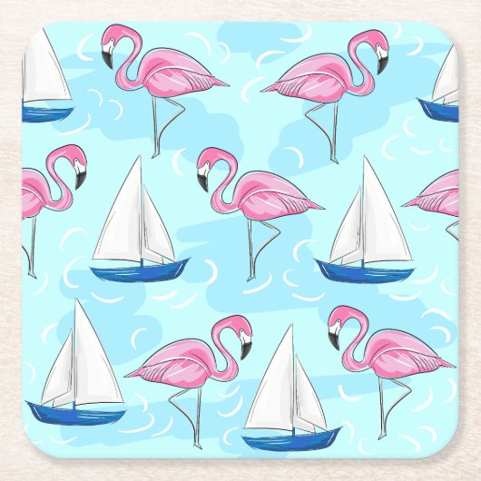 Roze Flamingo Blue Sailboat Preppy Kartonnen Onderzetters (Voorkant)