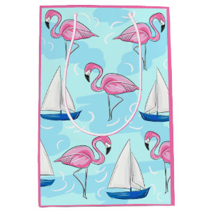 Roze Flamingo Blue Sailboat Preppy Medium Cadeauzakje