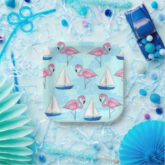 Roze Flamingo Blue Sailboat Preppy Papieren Bordje (Feest)