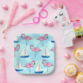 Roze Flamingo Blue Sailboat Preppy Papieren Bordje (Feest)