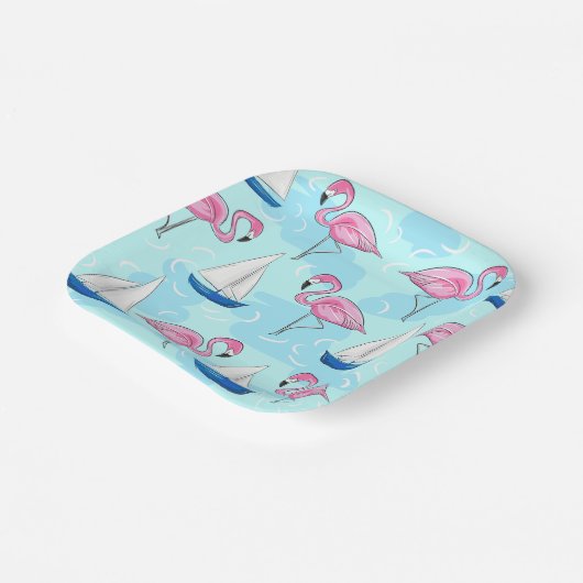 Roze Flamingo Blue Sailboat Preppy Papieren Bordje (Gebogen)