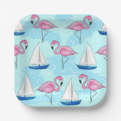 Roze Flamingo Blue Sailboat Preppy Papieren Bordje (Voorkant)