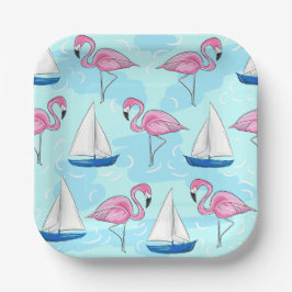 Roze Flamingo Blue Sailboat Preppy Papieren Bordje