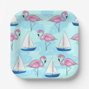 Roze Flamingo Blue Sailboat Preppy Papieren Bordje