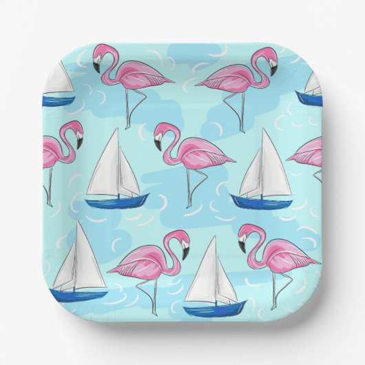 Roze Flamingo Blue Sailboat Preppy Papieren Bordje (Voorkant)
