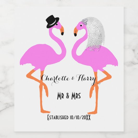 Roze Flamingo bruid & bruidegom gepersonaliseerd Wijn Etiket (Enkel label)