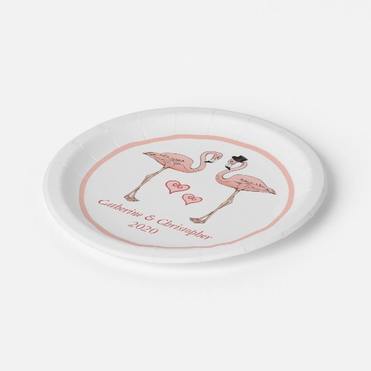 Roze Flamingo Bruid Bruidegom Harten Liefde Vogel Papieren Bordje (Gekanteld)