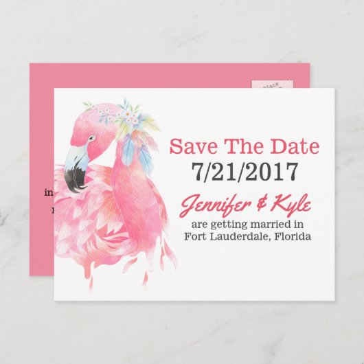 Roze Flamingo Bruiloft Save The Date Briefkaart (Voorkant / Achterkant)