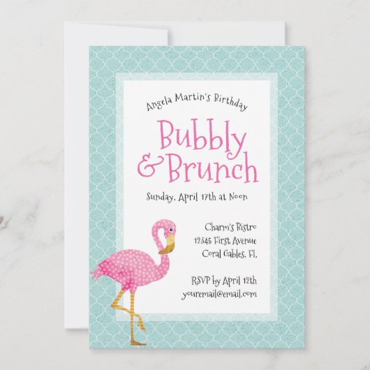 Roze Flamingo Bubbly Verjaardagsbrunch Kaart (Voorkant)
