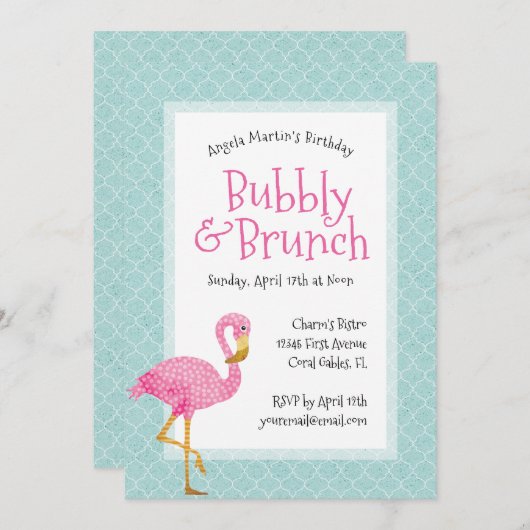 Roze Flamingo Bubbly Verjaardagsbrunch Kaart (Voorkant / Achterkant)