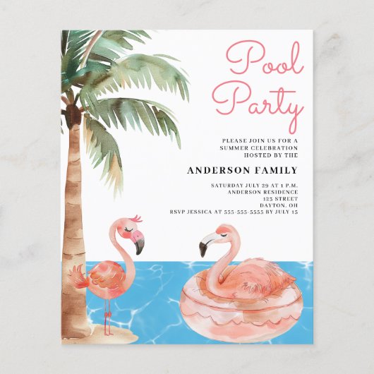 Roze Flamingo Budget Pool Party uitnodiging Flyer (Voorkant)