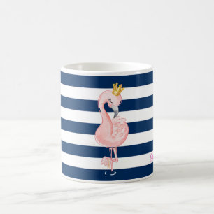 Roze Flamingo, Crown Navy Blue Stripes Koffiemok