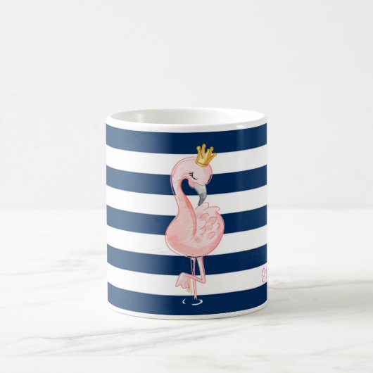 Roze Flamingo, Crown Navy Blue Stripes Koffiemok (Center)