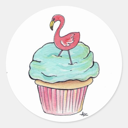 Roze Flamingo Cupcake Ronde Sticker (Voorkant)