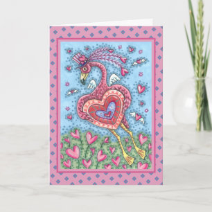 ROZE FLAMINGO CUPIDO EN VLIEGENDE HARTEN VALENTIJN FEESTDAGEN KAART