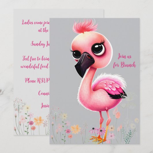Roze Flamingo Dames Brunch Uitnodiging (Voorkant / Achterkant)