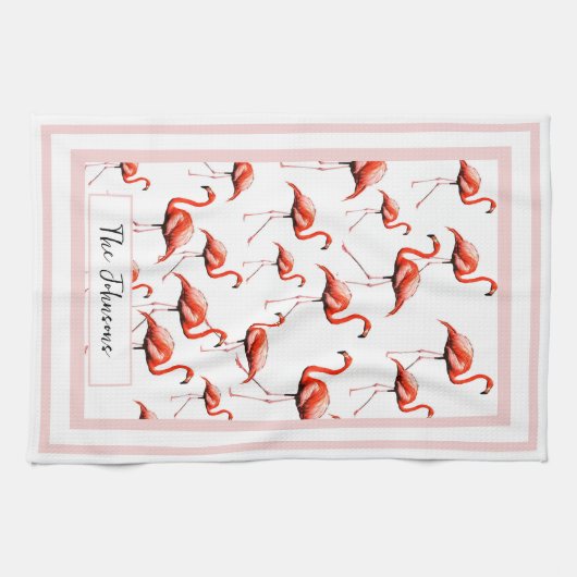 Roze Flamingo Design Custom Familienaam Zomer Theedoek (Horizontaal)
