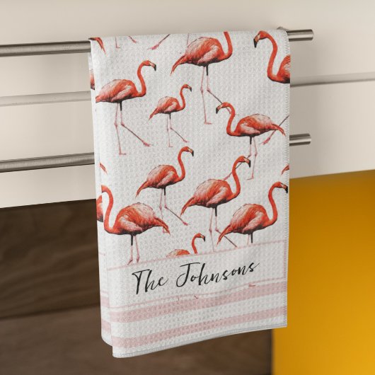 Roze Flamingo Design Custom Familienaam Zomer Theedoek