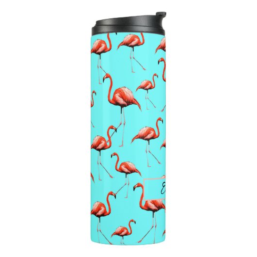 Roze Flamingo Design Custom Name Zomerdieren Thermosbeker (Gedraaid links)