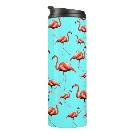 Roze Flamingo Design Custom Name Zomerdieren Thermosbeker (Geroteerd rechts)