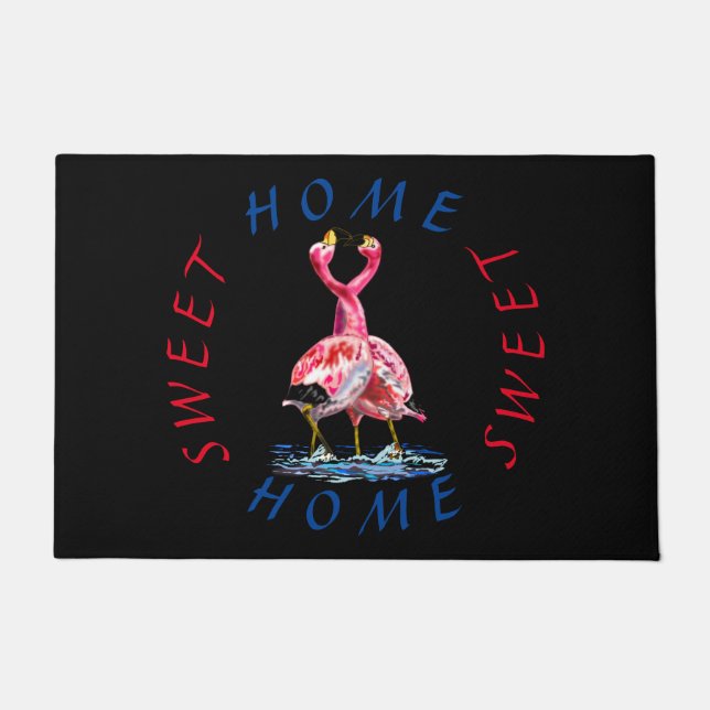 Roze Flamingo Deurmat met Tekst Home Sweet Home (Voorkant)