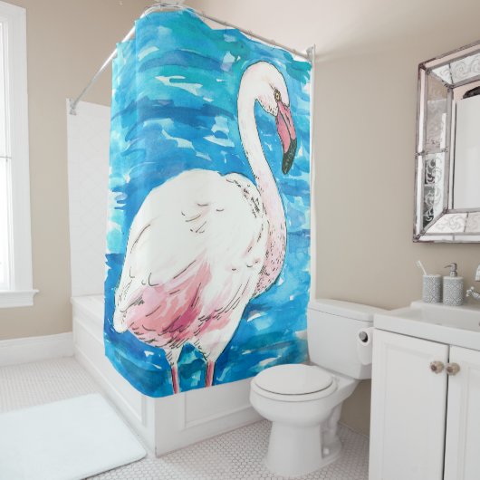 Roze flamingo douchegordijn (In situ)