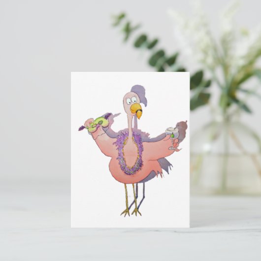 Roze Flamingo Drink Mardi Gras Waterverf Paiting Briefkaart (Staand voorkant)