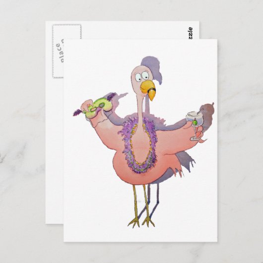 Roze Flamingo Drink Mardi Gras Waterverf Paiting Briefkaart (Voorkant / Achterkant)