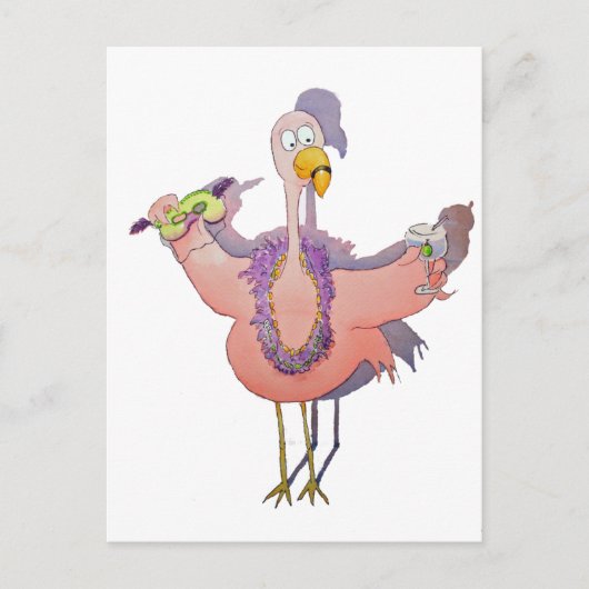 Roze Flamingo Drink Mardi Gras Waterverf Paiting Briefkaart (Voorkant)