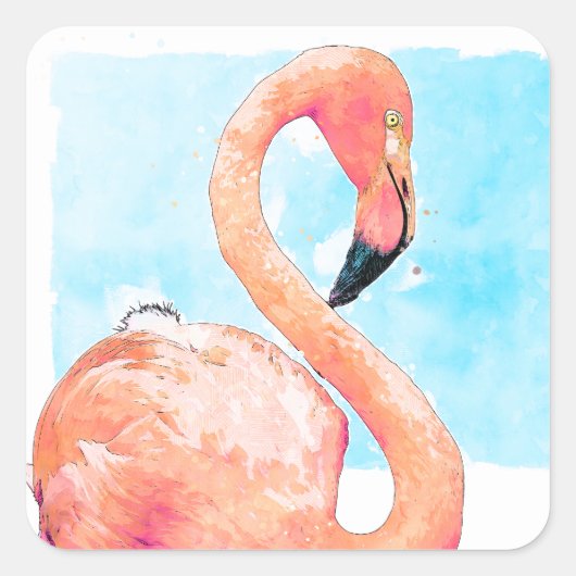 Roze Flamingo en Blauwe Aquarel Sticker Zegel (Voorkant)